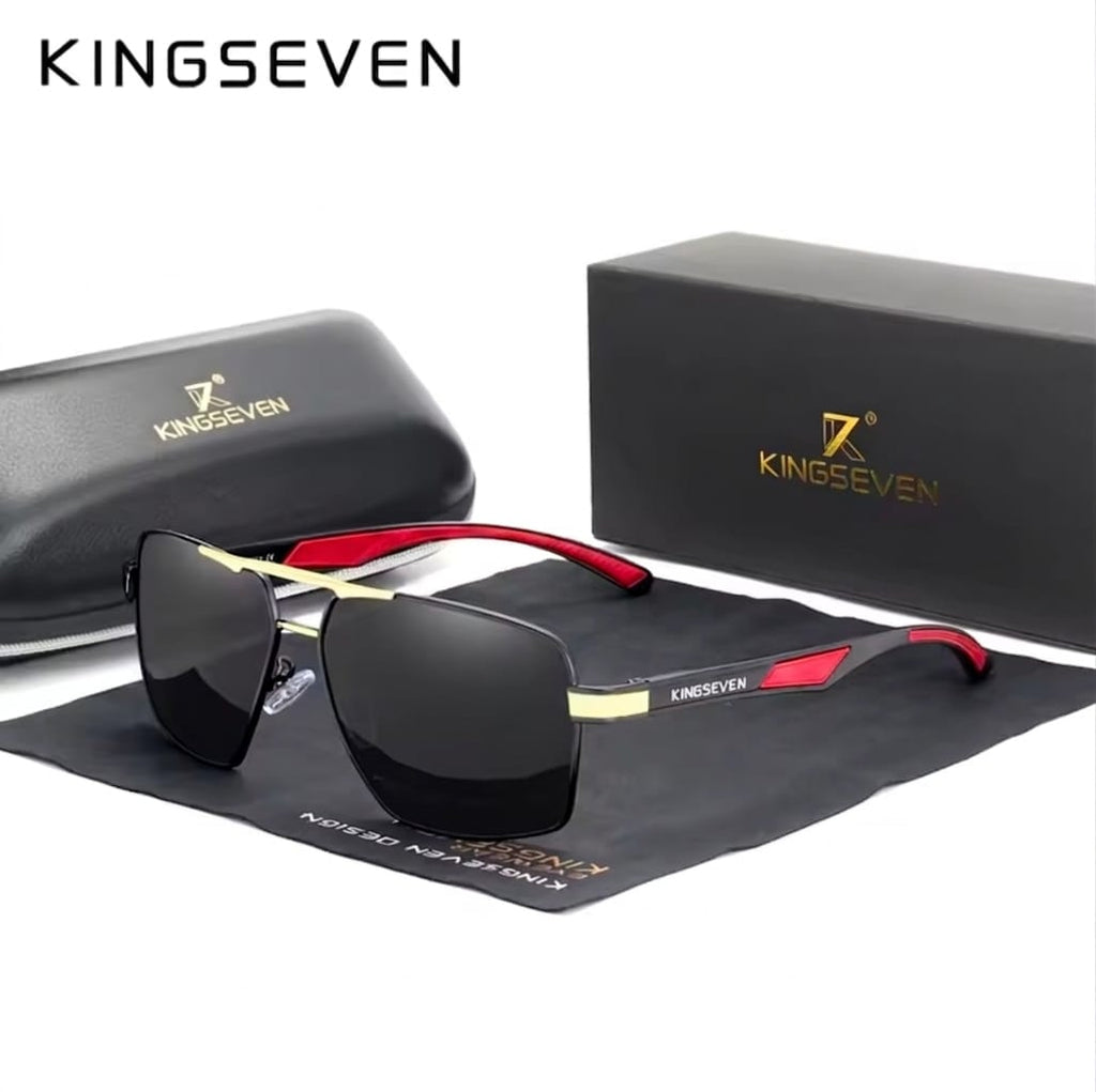 Gafas de sol KINGSEVEN para hombre con montura de aluminio, lentes polarizadas y diseño de varillas rojas; acabado de espejo