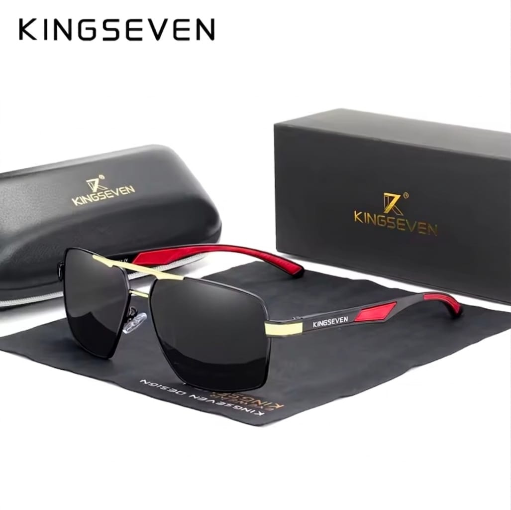 Gafas de sol KINGSEVEN para hombre con montura de aluminio, lentes polarizadas y diseño de varillas rojas; acabado de espejo